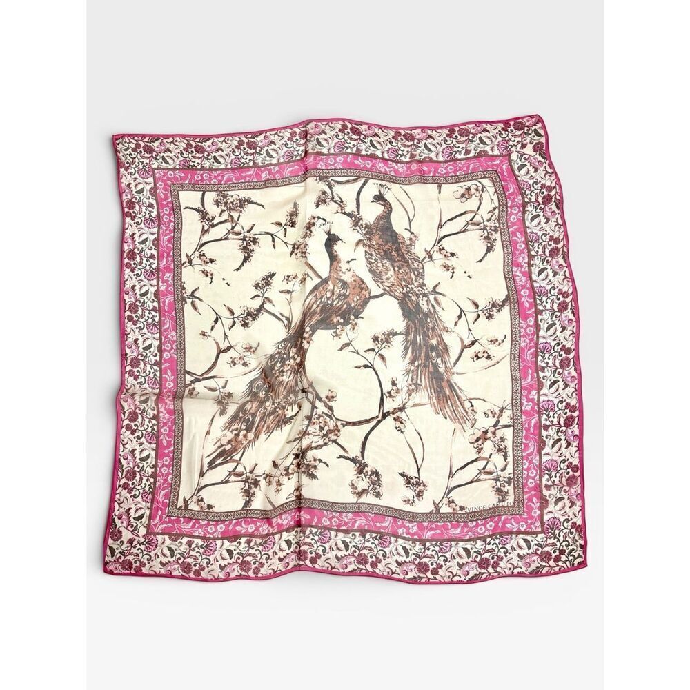 Vince Camuto Silk Chiffon Large Scarf Peacock Birds Pink Floral Trim Sheer